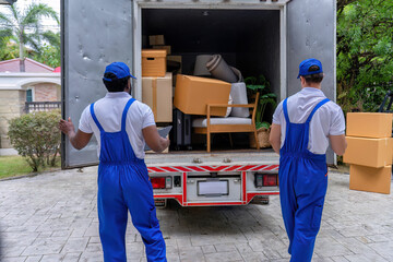 Professional goods move service use truck carry personal belongings door to door transport delivery drive truck to customer house and reverse parking open truck container door