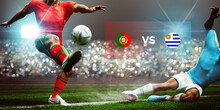 Football Soccer Players Slide Tackle For Possession Of The Ball. Match : Portugal Vs Uruguay. 3D Rendering.