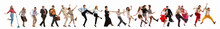Contemporary Art Collage. Group Of Different Young And Old People Dancing Over White Background With Drawings. Concept Of Art, Music, Fashion.