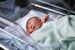 © TheVisualsYouNeed - Close up portrait of adorable little newborn baby girl lying quiet at hospital crib hours after coming to life