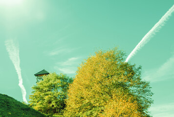 Wall Mural - Watching tower and trees on the meadow.Autumn landscape.