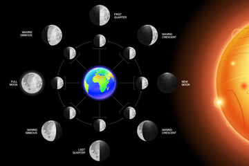 Wall Mural - moon phases scheme sphere shadow cycle astronomy icon set. vector illustration background