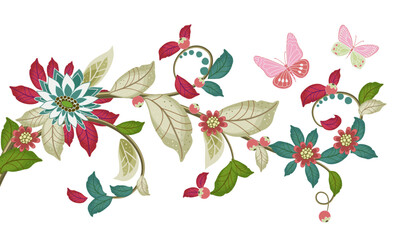 Wall Mural - foliate pattern with flowers, leaves and butterflies. floral swi