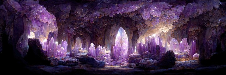 Fantasy Amethyst cave, crystal, quartz, nature, old geology. Amethyst cavern. 3D Digital. Generative AI