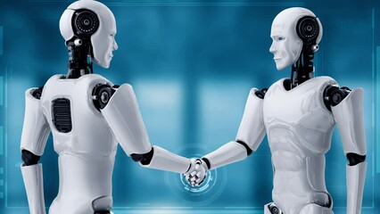 Poster - 3D rendering hominoid robot handshake to collaborate future technology development by AI thinking brain, artificial intelligence and machine learning process for 4th industrial revolution.