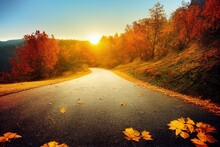 Autumn Mountain Road With Falling Leaves. Beautiful Landscape With Roadway Under Sunset Shining Rays. Travel Background With Colorful Trees And Asphalt Highway