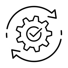 Gear with check mark and arrows thin line icon. Successful operation or project symbol. Effective integration sign Simple icon in black Vector illustration for graphic design, Web, app, UI, mobile app