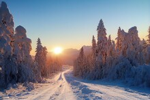 Beautiful Snowy Winter Road In Mountain. Frozen Spruce Trees And Highway During Sunrise. Peaceful Wilderness Woodland With Icy Pathway And Snow-covered Pine Forest