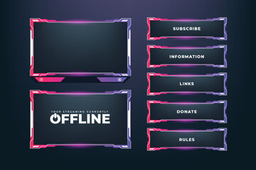 Digital screen interface and border design for online gamers. Abstract gaming overlay decoration with white, pink, and purple colors. Futuristic streaming overlay with buttons and an offline screen.