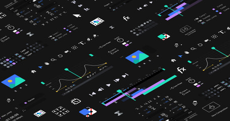 Poster - Isometric dark background software windows for a motion designer. Variety of graphical interfaces
