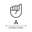 Letter A in American sign language pixel perfect linear icon. Communication system. Thin line illustration. Contour symbol. Vector outline drawing. Editable stroke. Arial font used