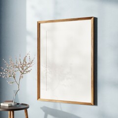 Vertical wood frame mockup in living room interior with window light shadow. 3d rendering, 3d illustration