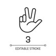 Signing digit three in ASL pixel perfect linear icon. Nonverbal communication system. Gesturing. Thin line illustration. Contour symbol. Vector outline drawing. Editable stroke. Arial font used