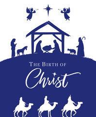 Wall Mural - The Birth of Christ, Christmas nativity scene with manger and lettering. Mary, Joseph and baby Jesus in a manger, star of Bethlehem, three Wise men, shepherds, angels. Holy Night vector illustration