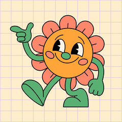 fun groovy retro clipart with daisy flower. 60s, 70s, 80s cartoon style. patches, pins, stamps, stic