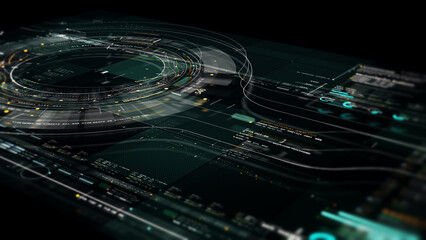 Fototapete - Futuristic abstract de-focus flowing data matrix, meta, metaverse, telemetry and encrypt numbers display with particles simulation in cyber space environment for head up display background