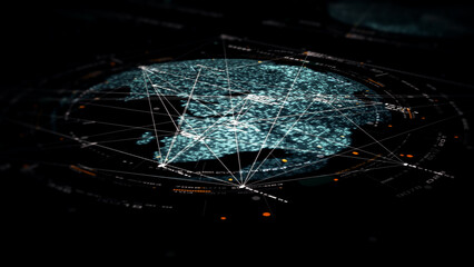 Poster - Futuristic digitally generated 3d holographic planet Earth in 360 degree rotation for head up display and user interface design