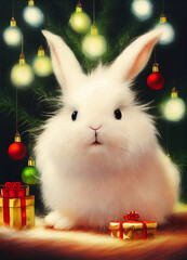 Wall Mural - cute fluffy christmas bunny in new year forest with christmas gifts, cartoon character