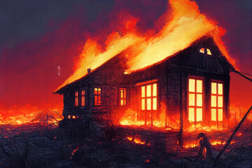 Wall Mural - burning fire house illustration in night