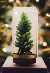 Close Up to a beautiful decorative mini Christmas tree on a podium, 