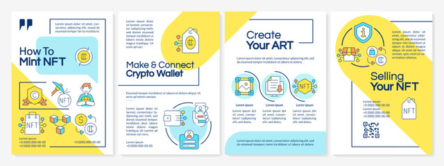 NFT minting blue and yellow brochure template. Sell digital art. Leaflet design with linear icons. Editable 4 vector layouts for presentation, annual reports. Questrial, Lato-Regular fonts used