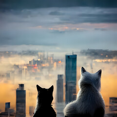 Wall Mural - Cats looking at the city from behind