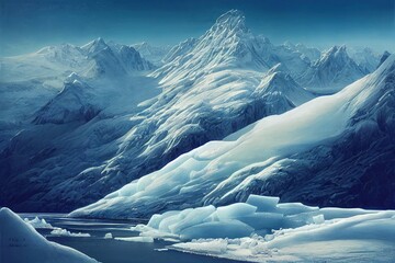 Wall Mural - winter landscape with mountains and glaciers, large pieces of ice.