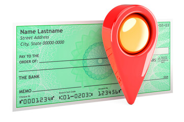 Poster - Bank check with map pointer, 3D rendering