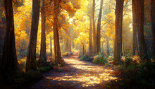 Spectacular Autumn Scenery In The Thick Forest With Road Path. Autumn Forest Landscape Scene With Strong Sunlight And Tree Shadows. Digital Art 3D Illustration.