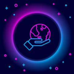 Wall Mural - Glowing neon line Human hand holding Earth globe icon isolated on black background. Save earth concept. Colorful outline concept. Vector