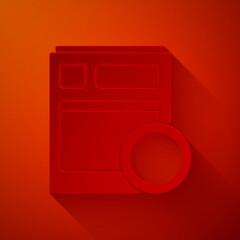 Sticker - Paper cut Kitchen dishwasher machine icon isolated on red background. Paper art style. Vector Illustration