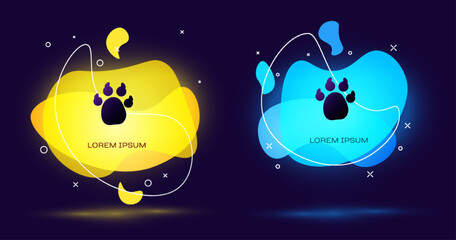 Sticker - Black Paw print icon isolated on black background. Dog or cat paw print. Animal track. Abstract banner with liquid shapes. Vector