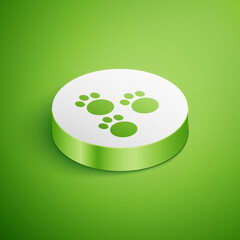 Poster - Isometric Paw print icon isolated on green background. Dog or cat paw print. Animal track. White circle button. Vector