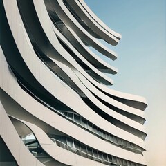 abstract architecture background, futuristic white buidling, curved structure, clean, blue sky, generative ai