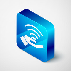 Sticker - Isometric 5G new wireless internet wifi connection icon isolated on grey background. Global network high speed connection data rate technology. Blue square button. Vector