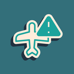 Canvas Print - Green Warning aircraft icon isolated on green background. Faulty plane. Flying prohibition zone. Plane is forbidden for transportation and travelling. Long shadow style. Vector