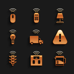 Wall Mural - Set Smart truck, bathroom scales, electric kettle, Exclamation mark in triangle, traffic light, bulb, table lamp and Wireless mouse icon. Vector