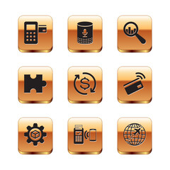 Sticker - Set Pos terminal, Product development, POS, Return of investment, Piece puzzle and Magnifying glass and analysis icon. Vector