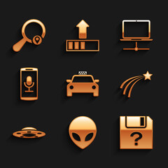 Poster - set taxi car, alien, unknown document, falling star, ufo flying spaceship and mobile recording icon.