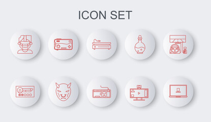 Poster - Set line Laptop, Create account screen, Video game console, Live streaming online, Virtual reality glasses, Mobile and playing, Mask of the devil with horns and Computer keyboard icon. Vector