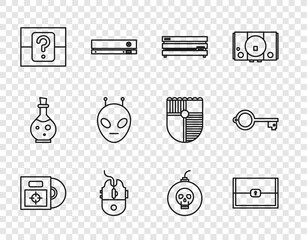 Poster - Set line CD or DVD disk in box, Chest for game, Video console, Computer mouse gaming, Mystery random, Alien, Bomb ready to explode and Ancient key icon. Vector