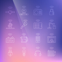 Poster - set line smart heating radiator, warehouse, robotic robot arm hand factory, radio, wireless micropho