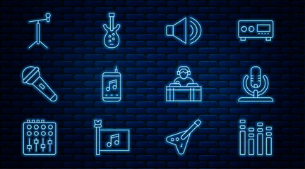 Poster - Set line Music equalizer, Microphone, Speaker volume, player, with stand, DJ playing music and Electric bass guitar icon. Vector