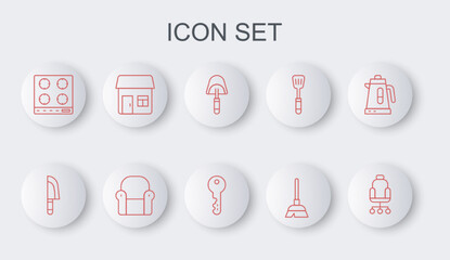 Sticker - Set line Office chair, Knife, Spatula, Handle broom, Gas stove, House, Armchair and key icon. Vector