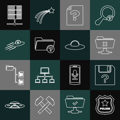 Poster - set line police badge, unknown document, ftp cancel operation, directory, ufo flying spaceship and a