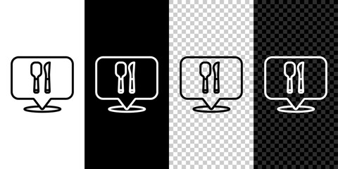 Sticker - Set line Cafe and restaurant location icon isolated on black and white, transparent background. Fork and spoon eatery sign inside pinpoint. Vector.