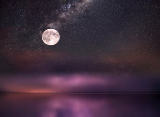 Wall Mural - night starry sky and moon at sea lilac blue nebula cosmic milky way aurora seascape