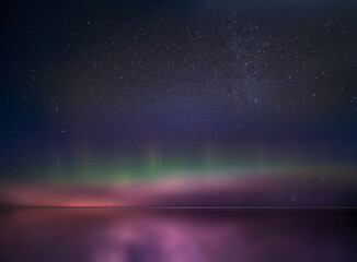 Wall Mural - night starry sky and moon at sea lilac blue nebula cosmic milky way aurora seascape