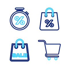 Wall Mural - Set line Shopping cart, bag with Sale, percent and Stopwatch and icon. Vector