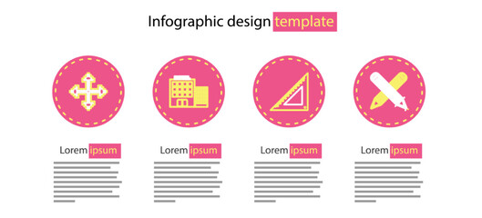 Sticker - Set line Triangular ruler, Crossed pencil, Hotel building and Pixel arrows four directions icon. Vector